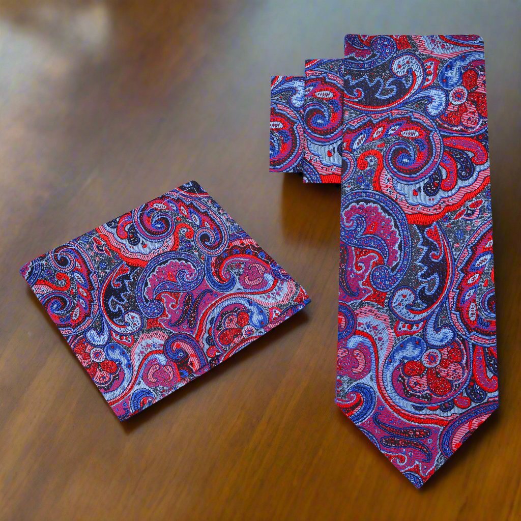 Alt View: Shades of Red and Blue Intricate Paisley Tie and Pocket Square