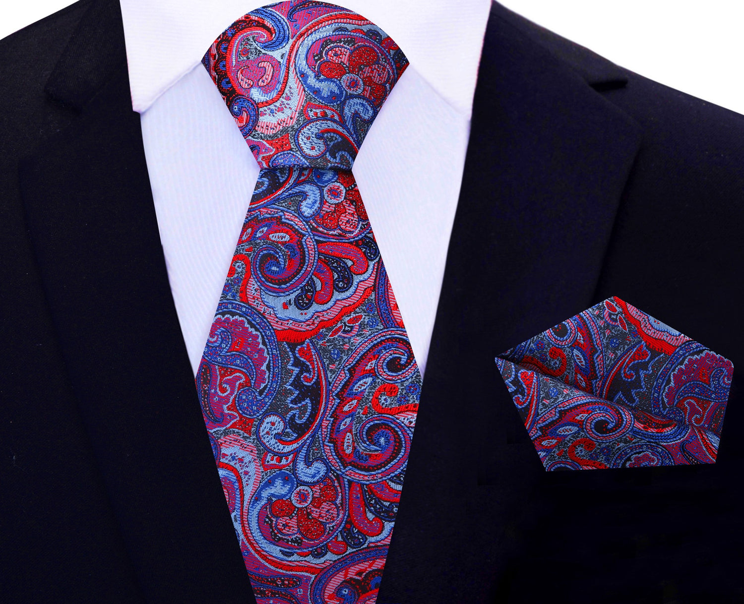 Main View: Shades of Red and Blue Intricate Paisley Tie and Pocket Square