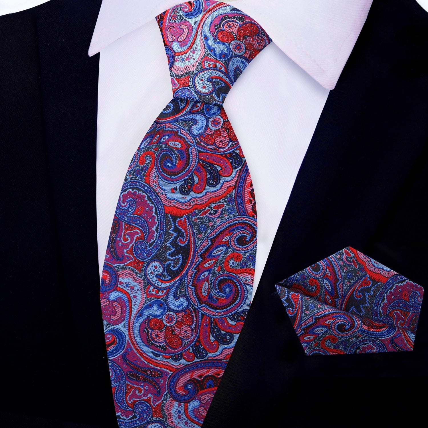 Shades of Red and Blue Intricate Paisley Tie and Pocket Square