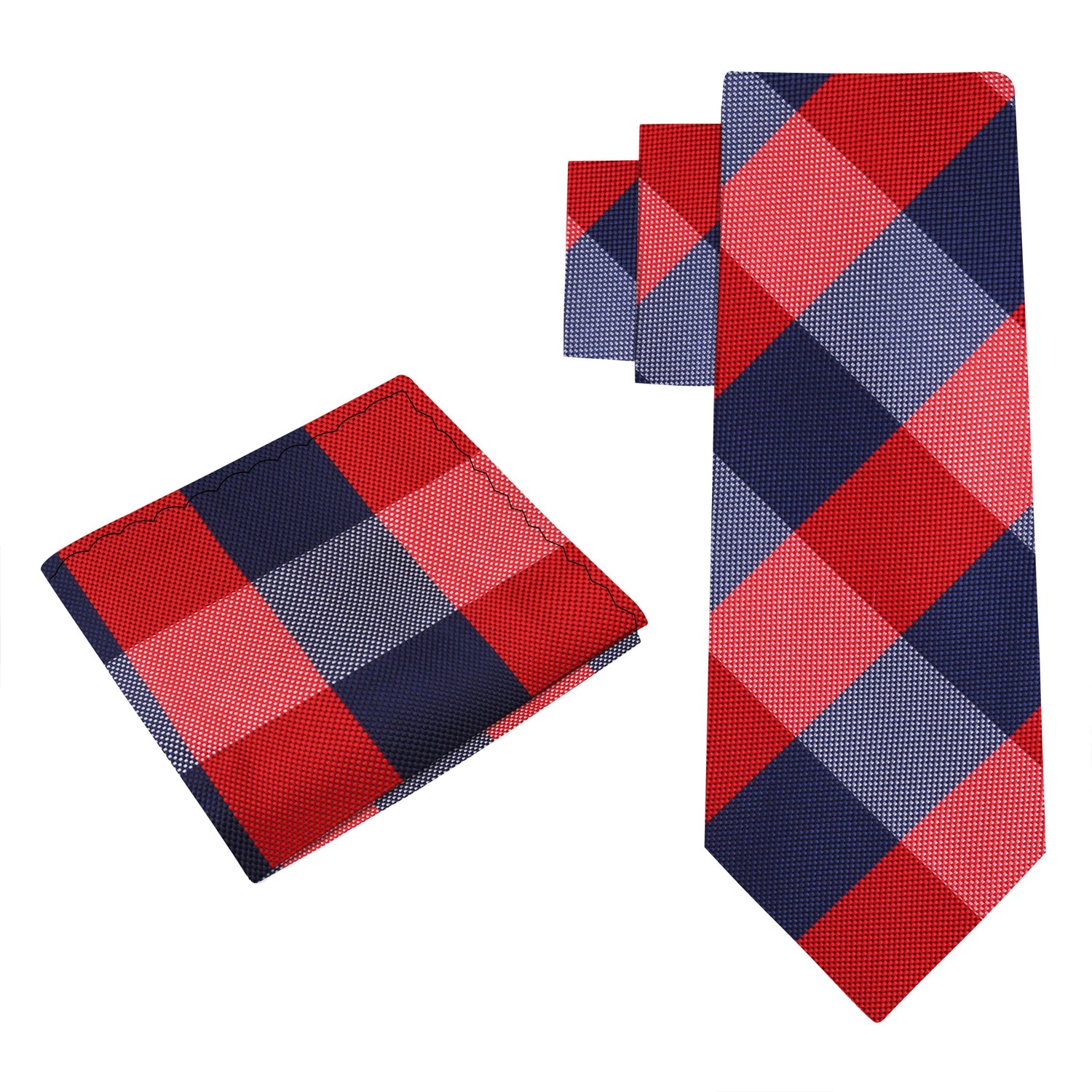 Alt View: A Red, Blue Plaid Pattern Silk Necktie, Matching Pocket Square