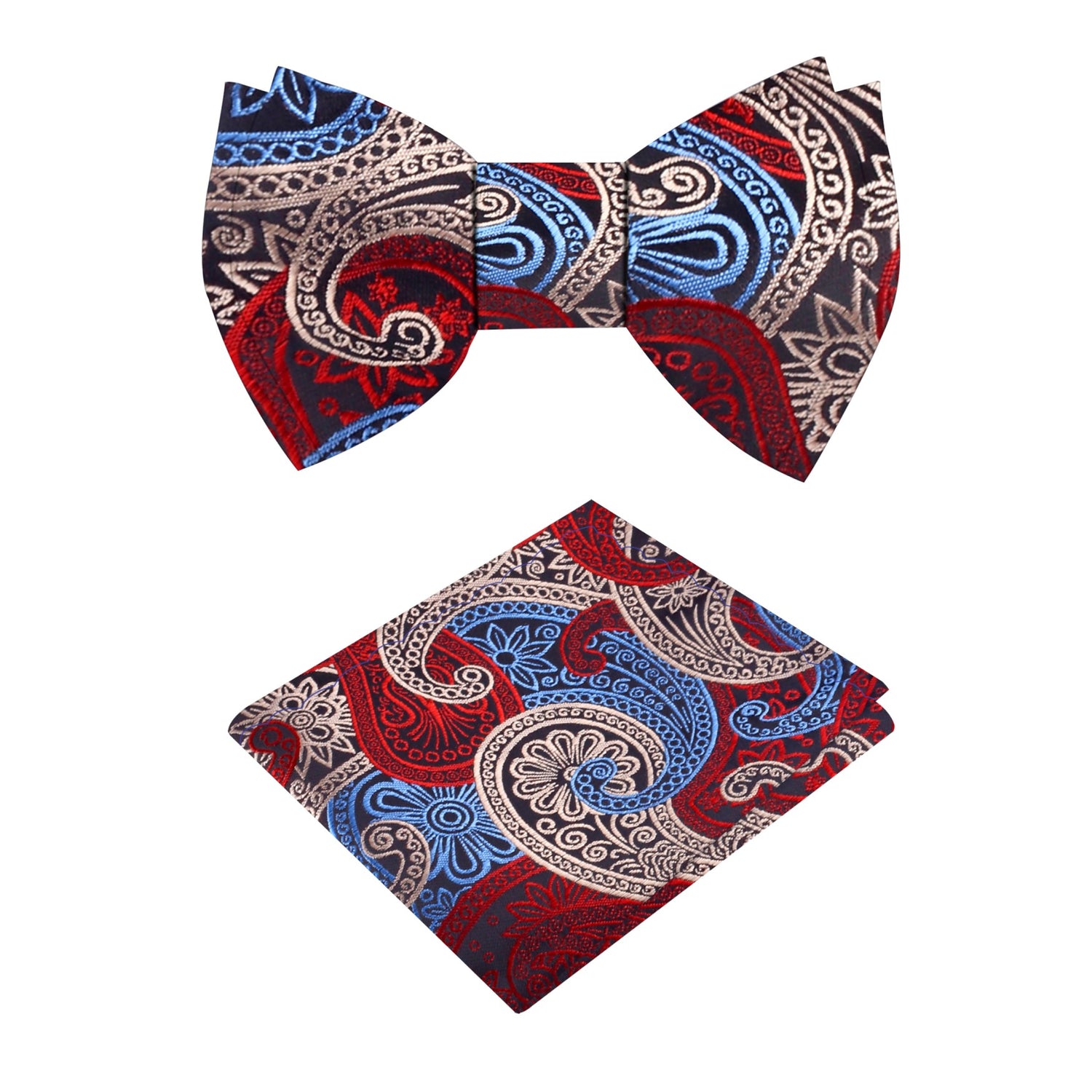 Blue, Red, White Paisley Bow Tie and Pocket Square