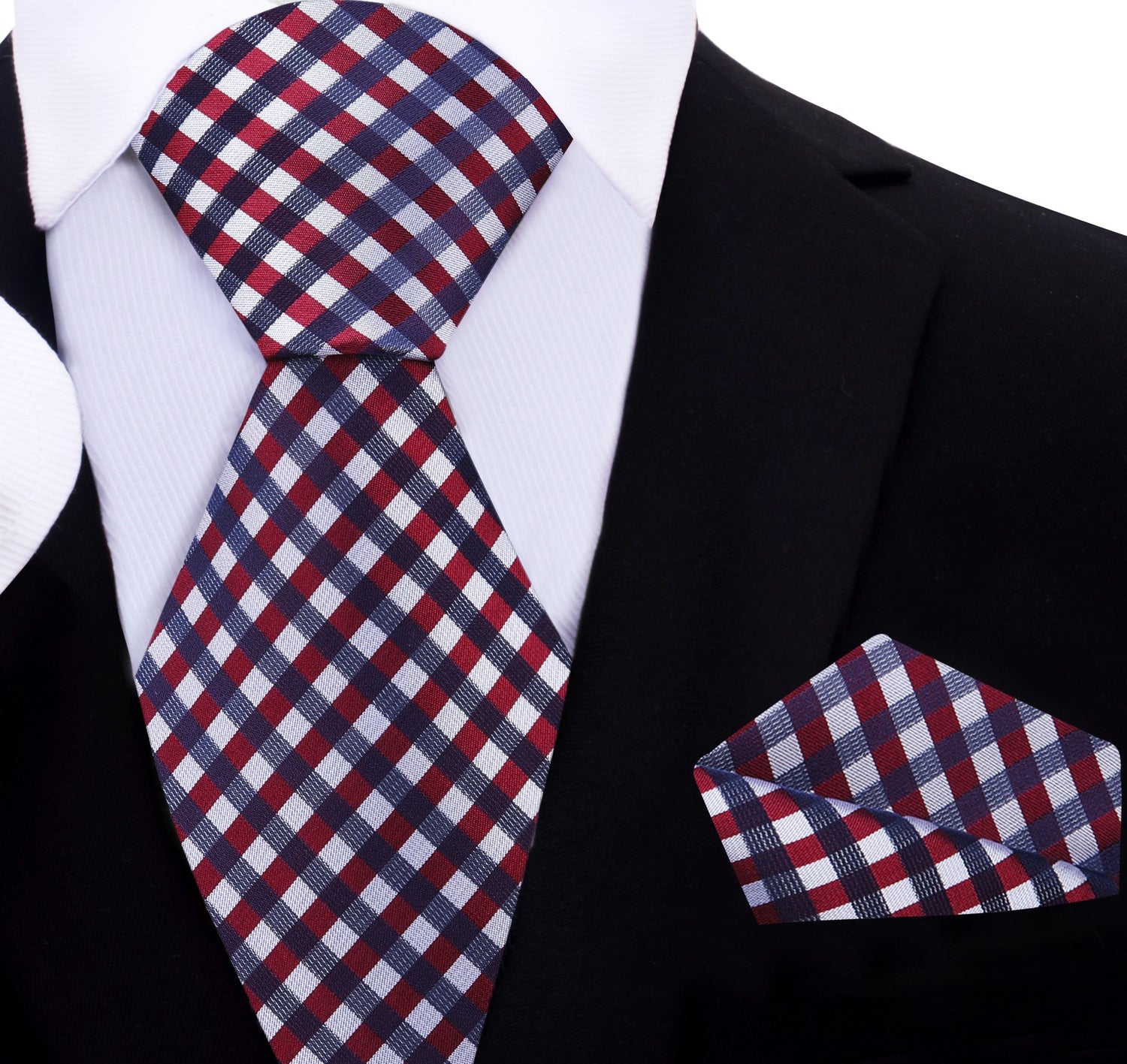 A Dark Blue, Dark Red, White Small Geometric Check Pattern Silk Necktie, Matching Silk Pocket Square