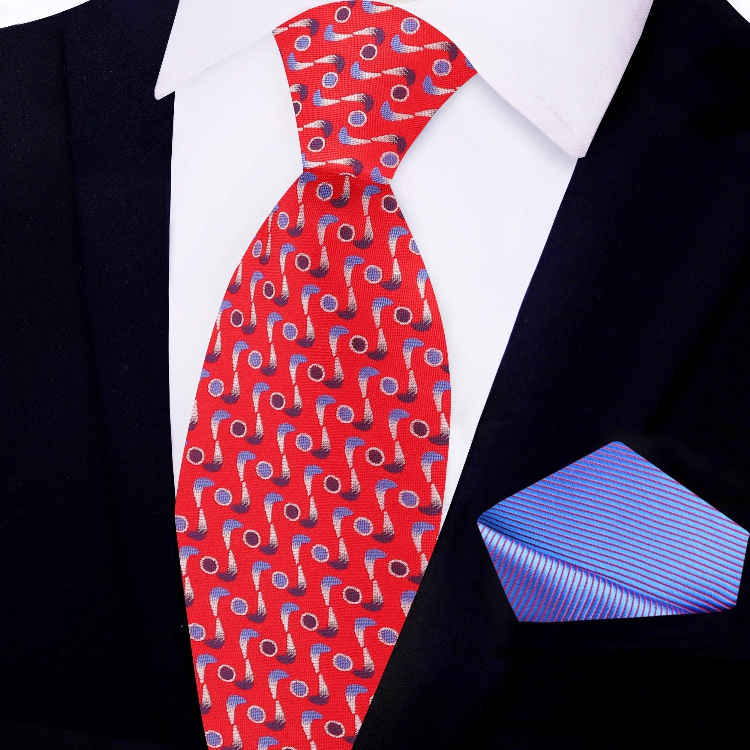 View 2: Red, Blue Propellers and Dots Silk Tie and Light Blue and Red Pocket Square