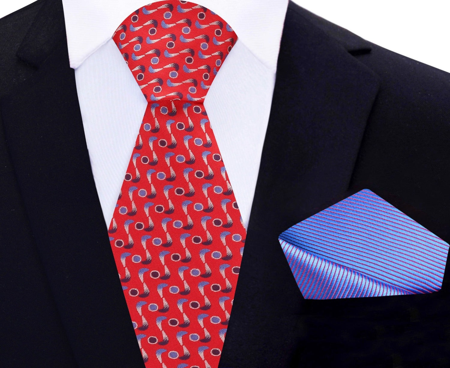 Red, Blue Propellers and Dots Silk Tie and Light Blue and Red Pocket Square