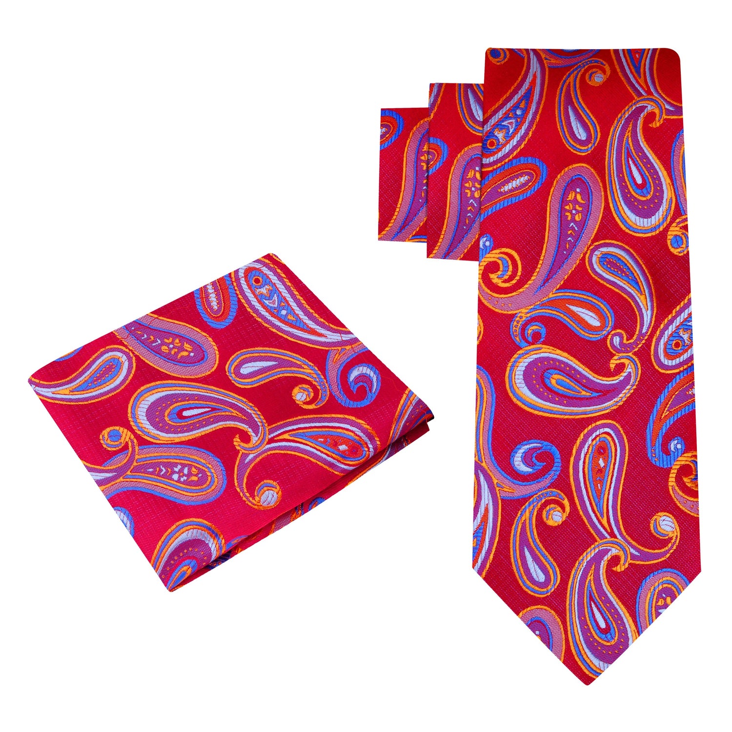 Alt View: A Red, Blue Color Paisley Pattern Silk Necktie, Matching Pocket Square