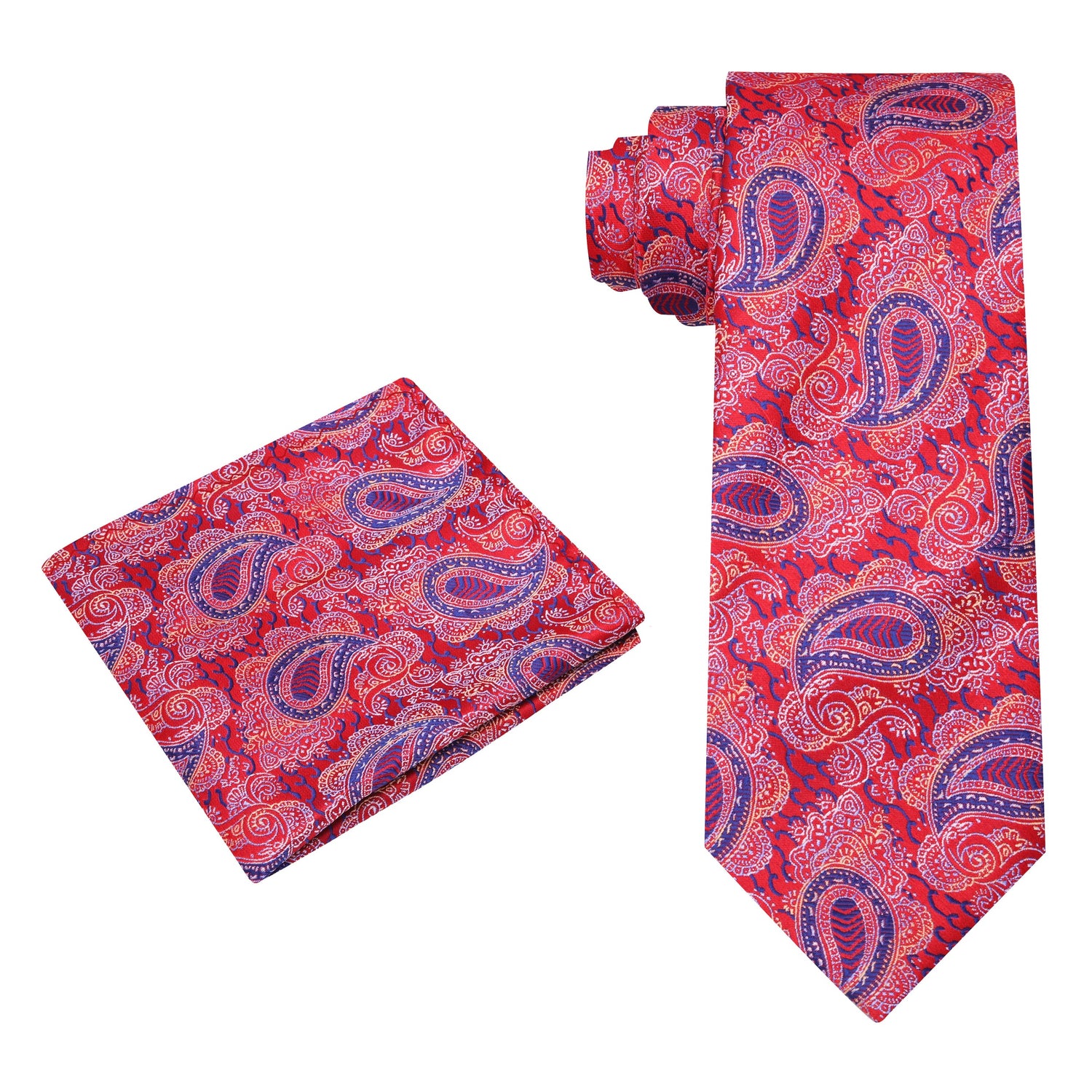 Alt View: Red with Blue Paisley Tie and Pocket Square