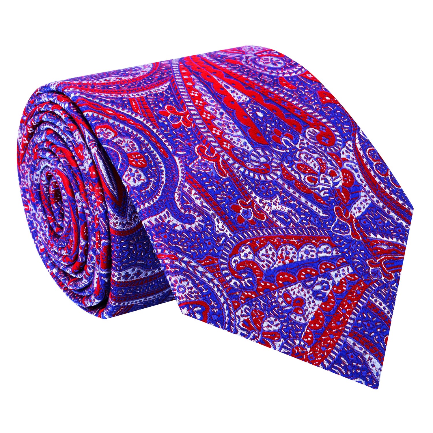 A Red, White, Blue Intricate Design And Paisley Pattern Silk Necktie