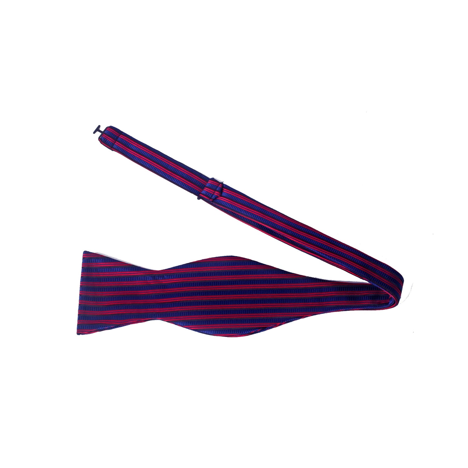 A Red, Blue Stripe Pattern Silk Self Tie Bow Tie Untied