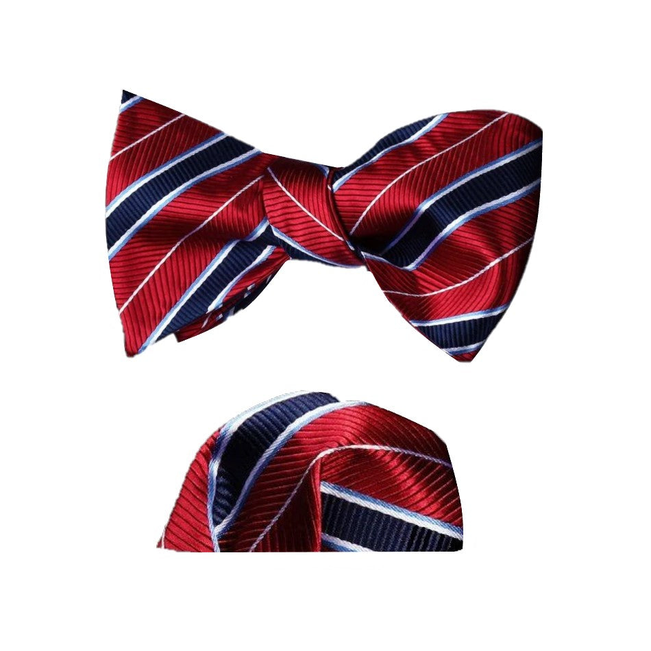 A Red, Blue Stripe Pattern Silk Self Tie Bow Tie, Matching Pocket Square