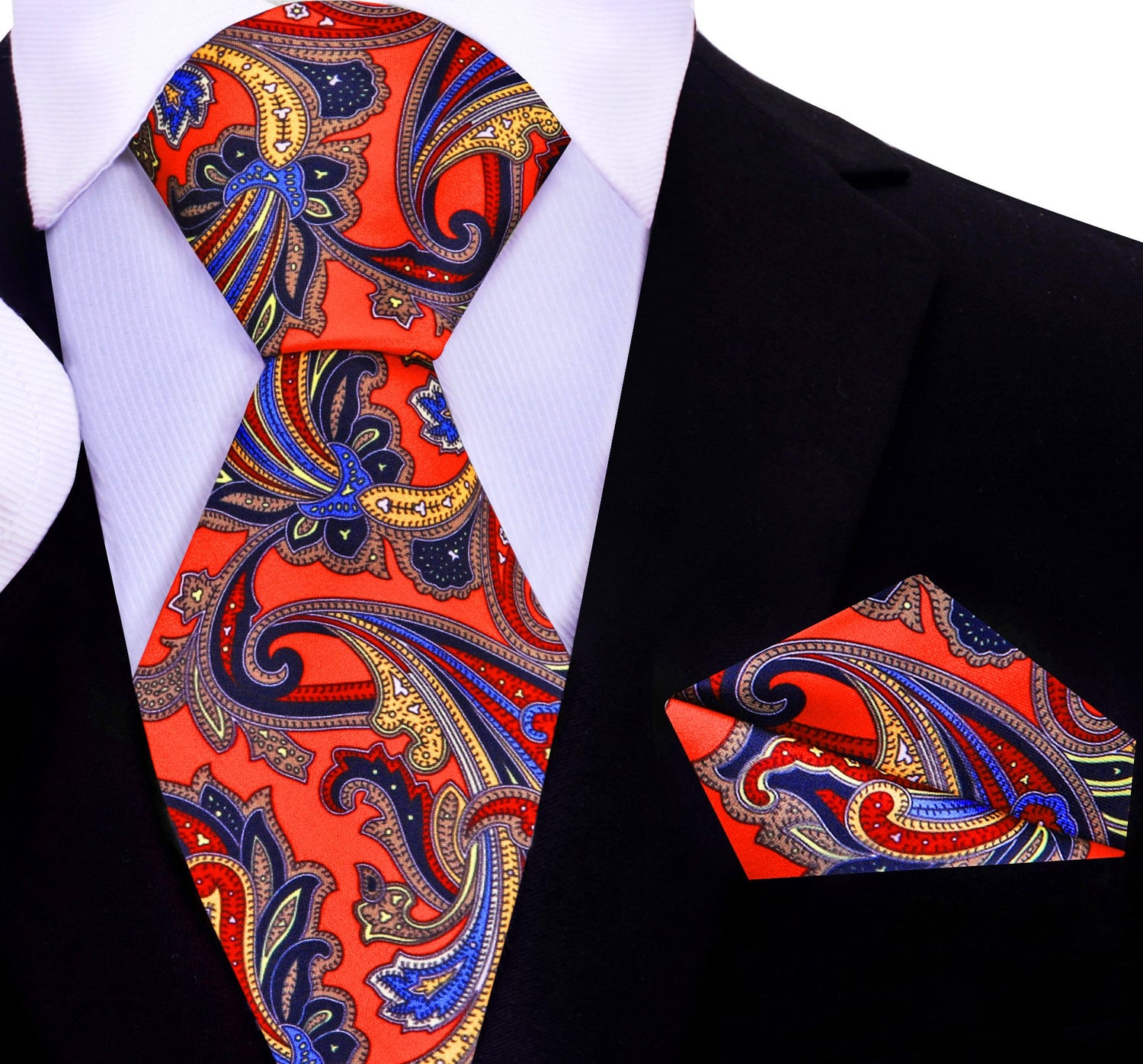 A Red, Blue, Yellow Floral Pattern Silk Necktie, Matching Pocket Square
