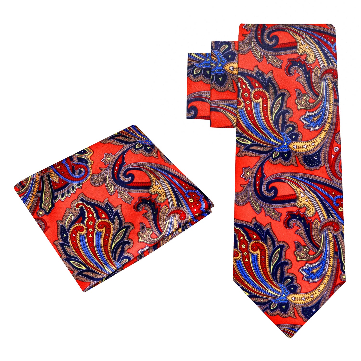 Alt View: A Red, Blue, Yellow Floral Pattern Silk Necktie, Matching Pocket Square