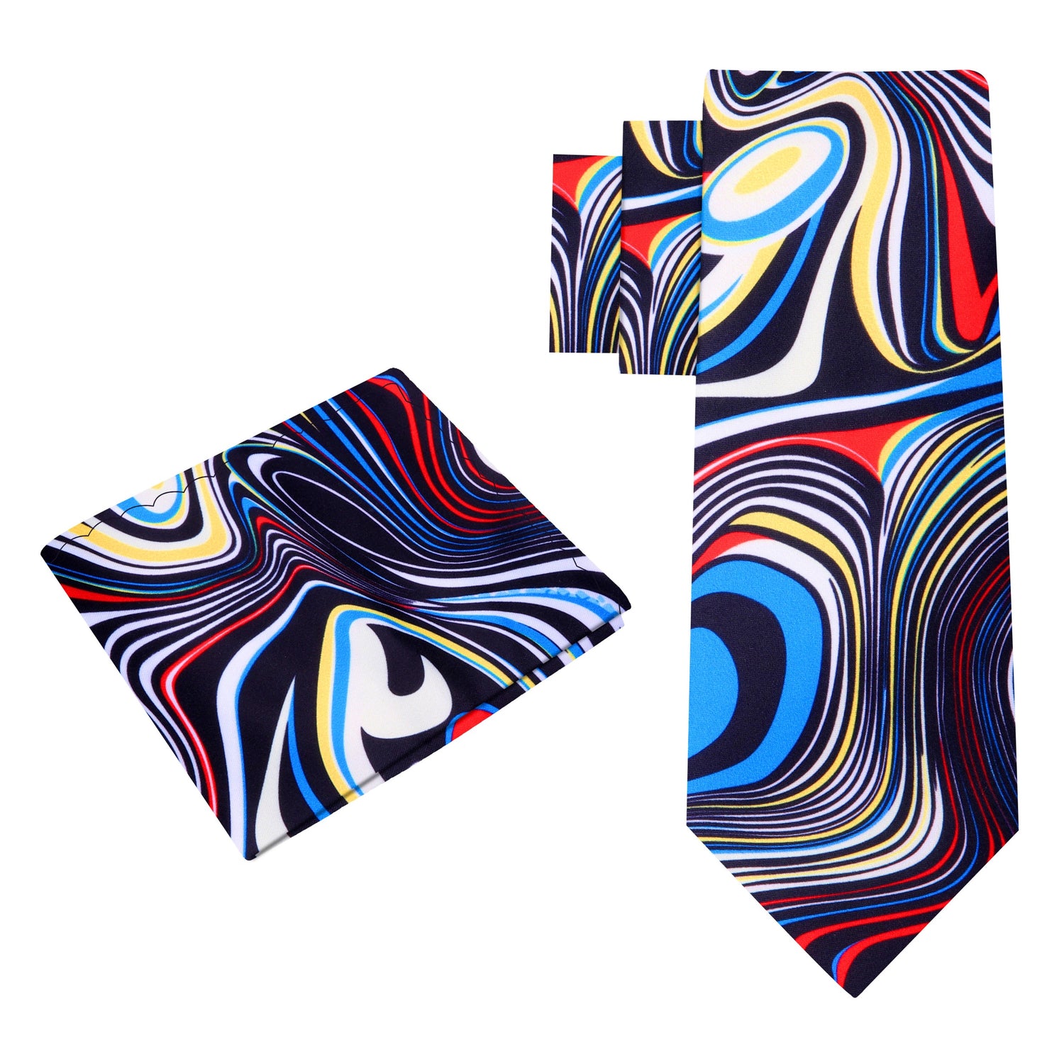 A Red, Blue, Yellow Abstract Swirl Pattern Silk Necktie, Matching Pocket Square