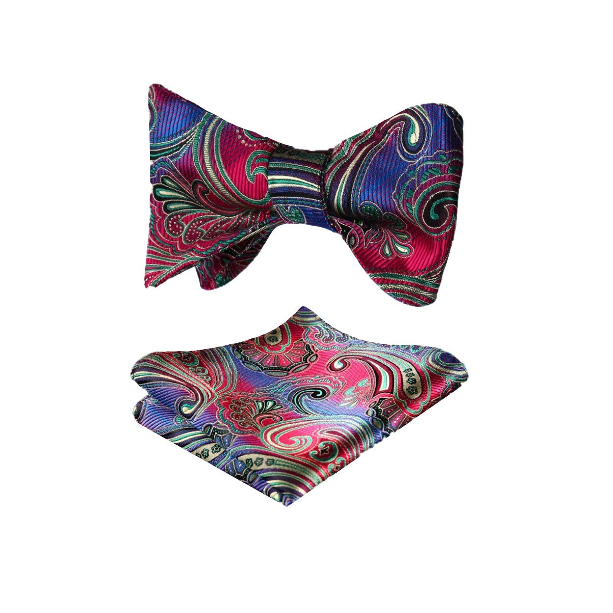 A Red, Green, Blue Paisley Pattern Silk Bow Tie, Matching Silk Pocket Square