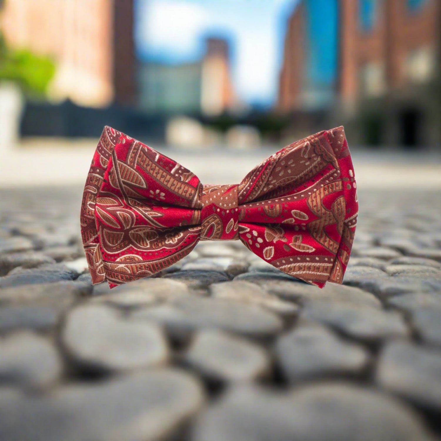 A Deep Red, Brown Paisley Pattern Silk Self Tie Bow Tie 