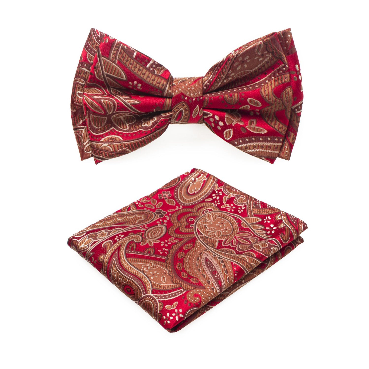 Main View: A Deep Red, Brown Color With Paisley Pattern Silk Kids Pre-Tied Bow Tie, Matching Pocket Square