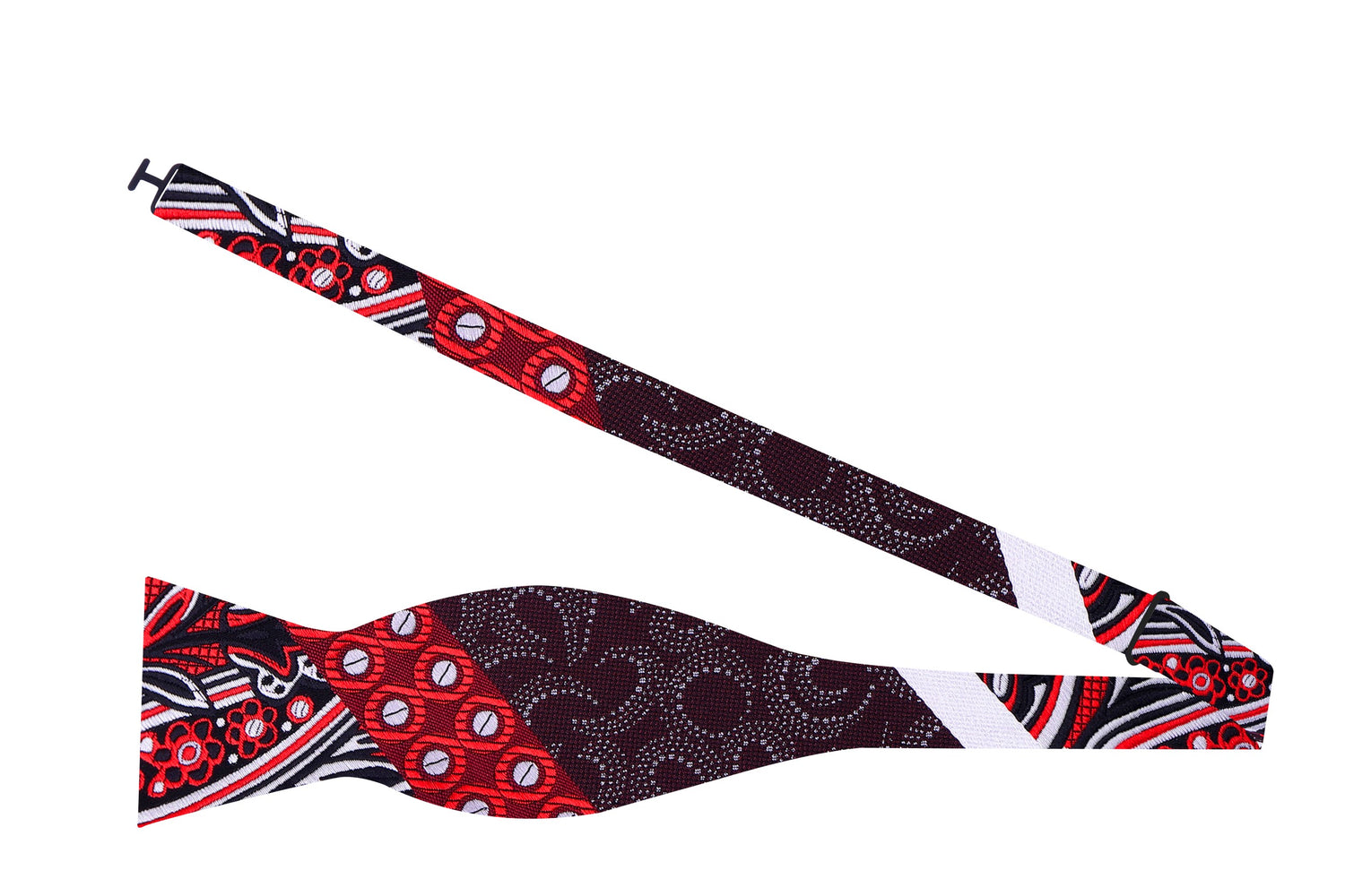 A Red, Brown, White Abstract Waves, Paisley, Dot Pattern Silk Self Tie Bow Tie Untied View