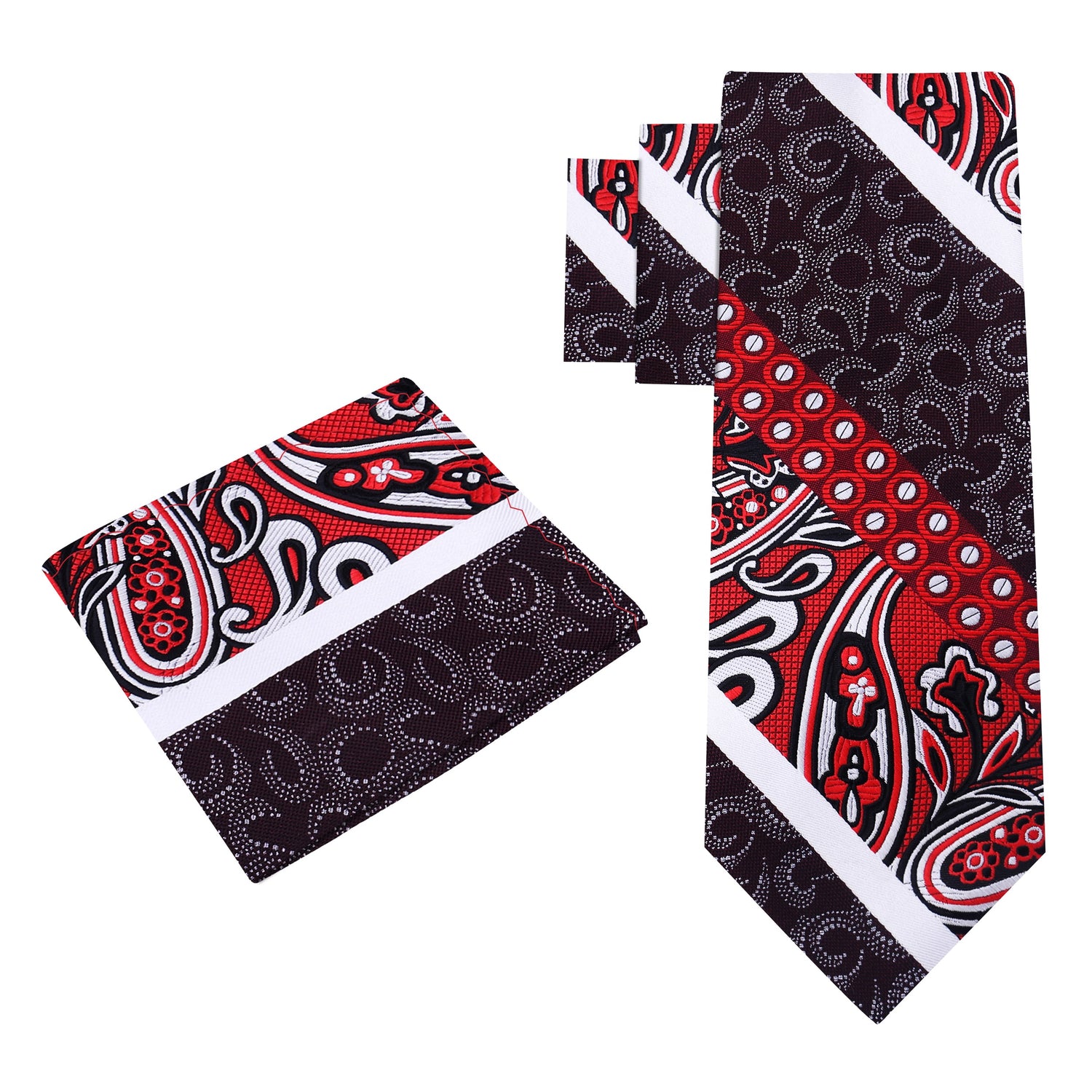 Alt View: Red, Brown, White Abstract Paisley Tie and Pocket Square