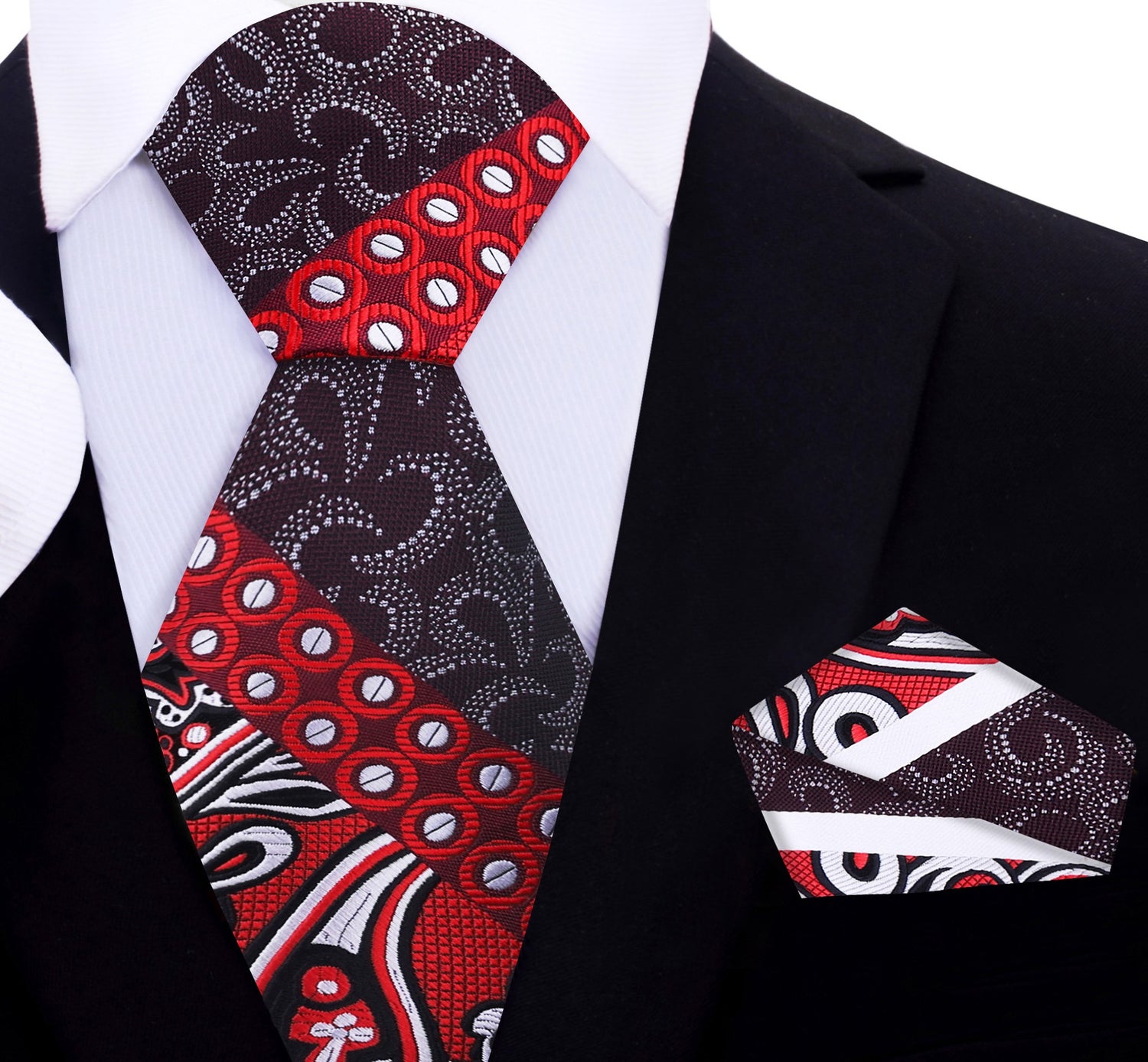 Red, Brown, White Abstract Paisley Tie and Pocket Square