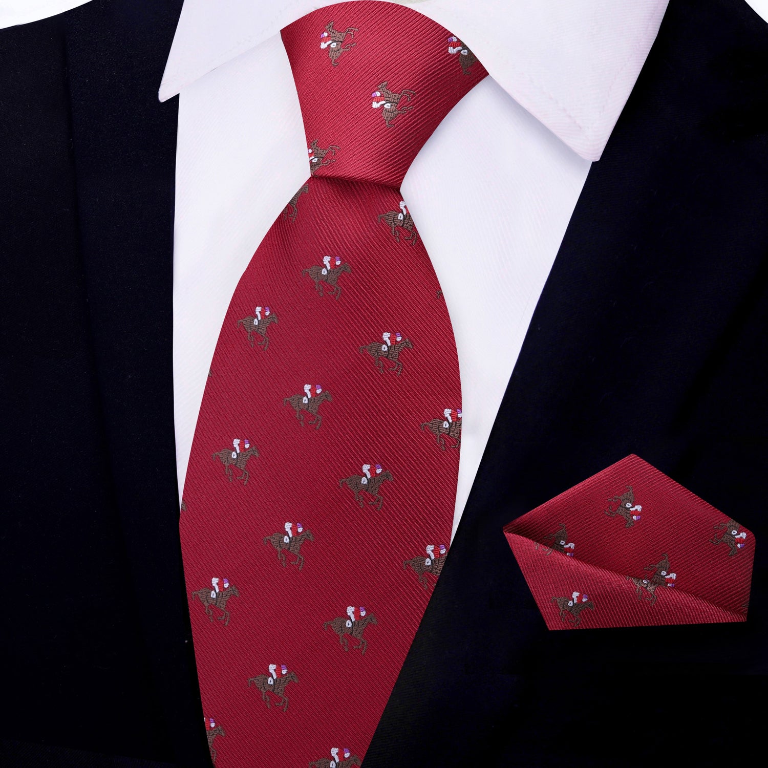 Red Brown White Racehorse and Jockey Thoroughbred Silk Necktie and Pocket Square