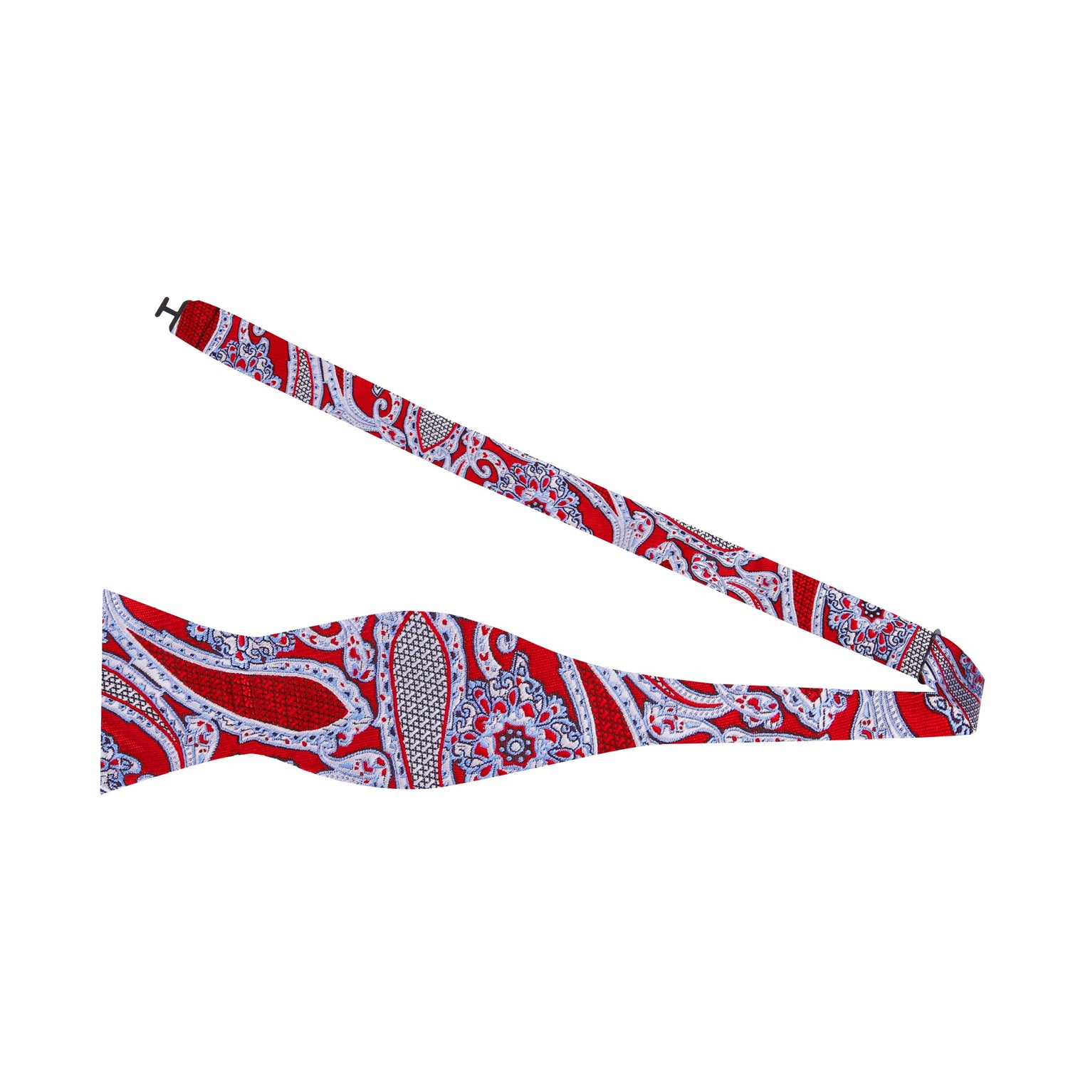 A Red, Black, White Detailed Paisley Pattern Silk Self Tie Bow Tie Untied