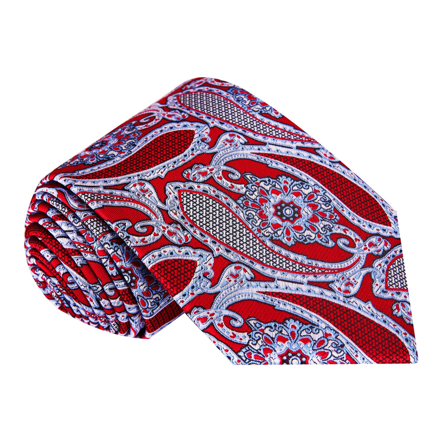 A Red, Black, White Paisley Pattern Silk Necktie 