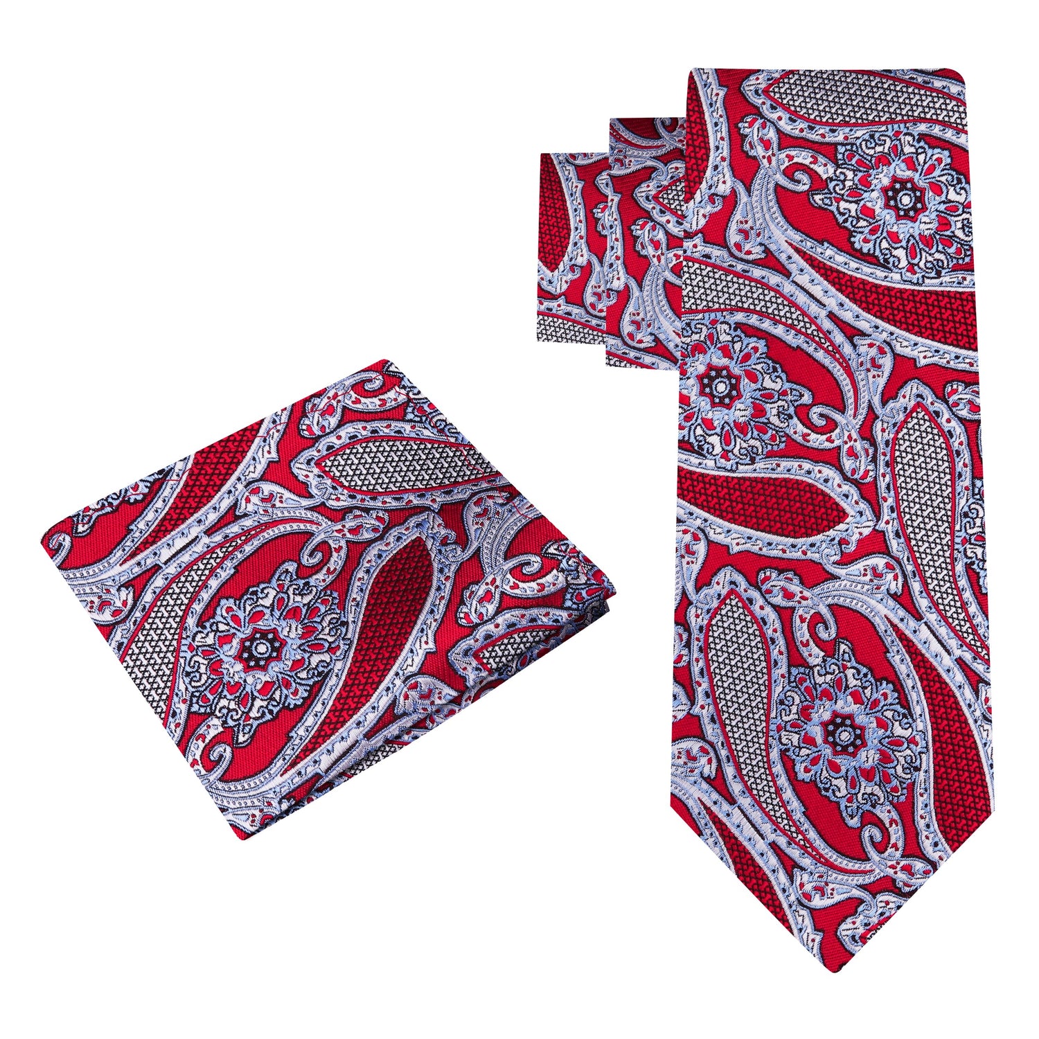 Alt View: A Red, Black, White Paisley Pattern Silk Necktie, With Matching Pocket Square
