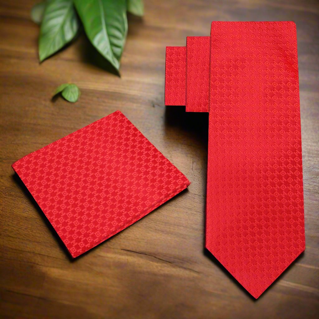 Alt View: Red Geometric Tie and Pocket Square