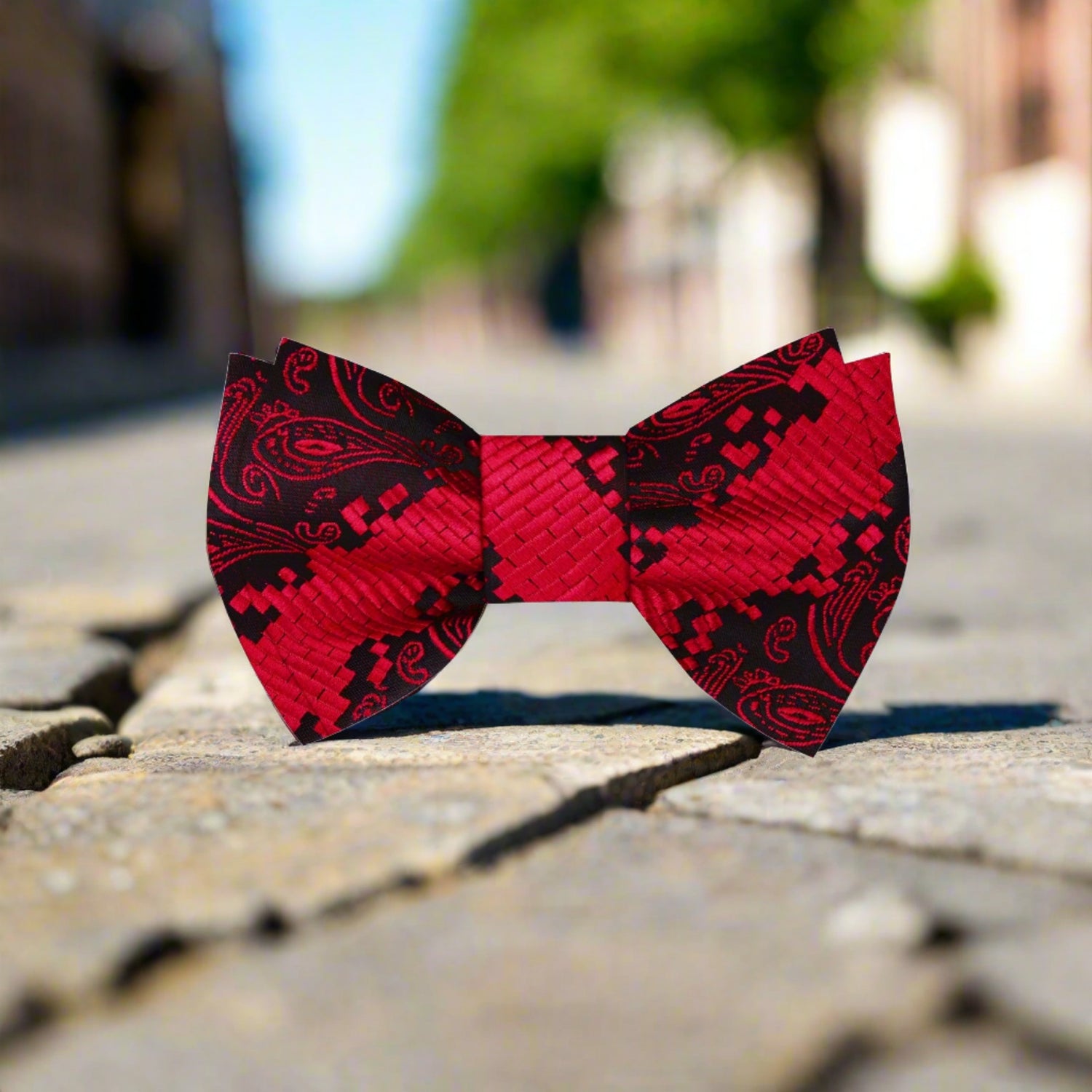 A Red, Black Geometric with Paisley Pattern Silk Self Tie Bow Tie 