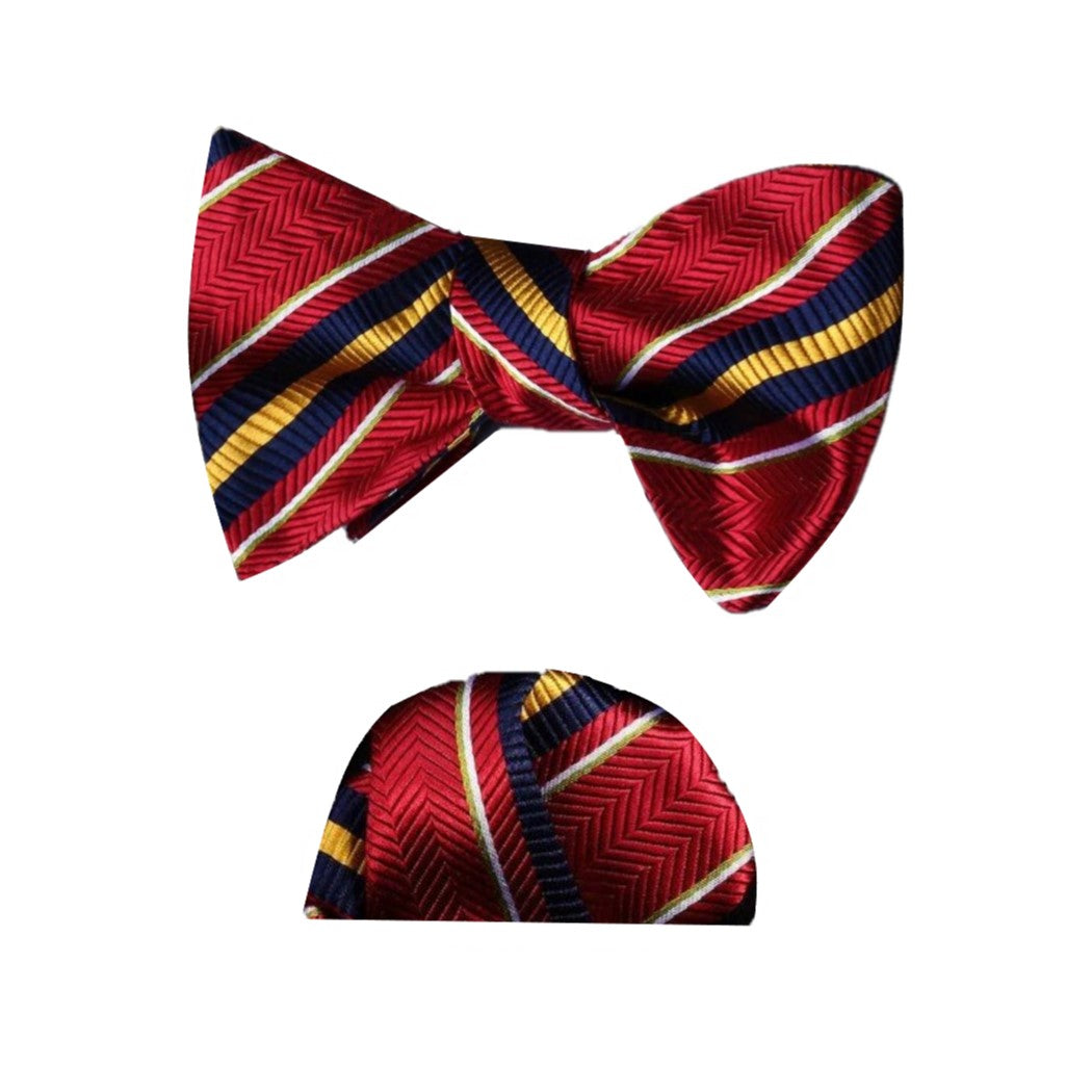 A Red, Yellow Stripe Pattern Silk Self Tie Bow Tie, Matching Pocket Square