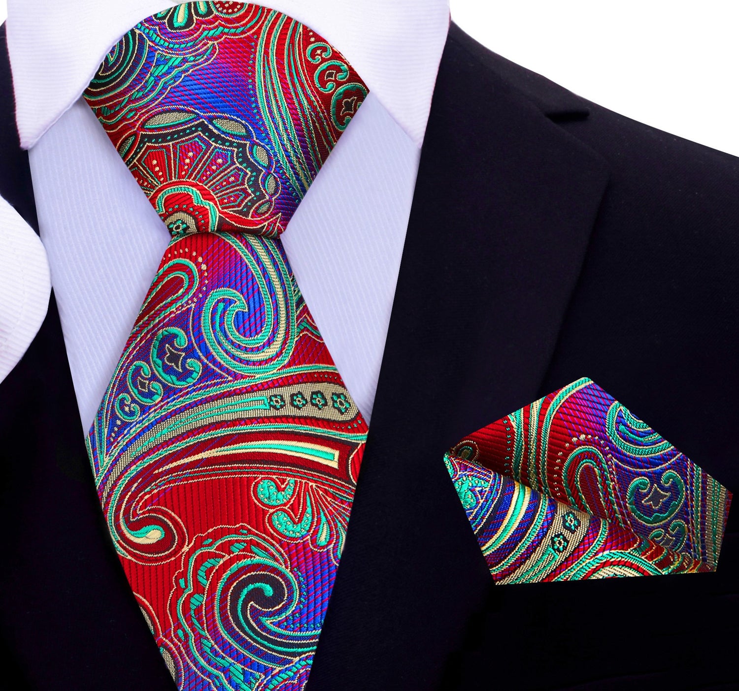 A Blue, Red, Green Paisley Pattern Silk Necktie, Matching Silk Pocket Square 