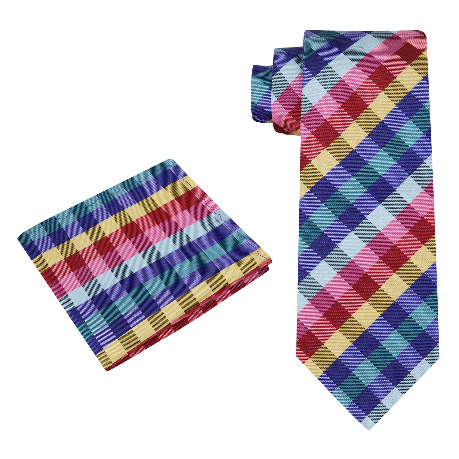 Alt View: A Red, Green, Yellow, Blue Small Geometric Check Pattern Silk Necktie, With Matching Pocket Square