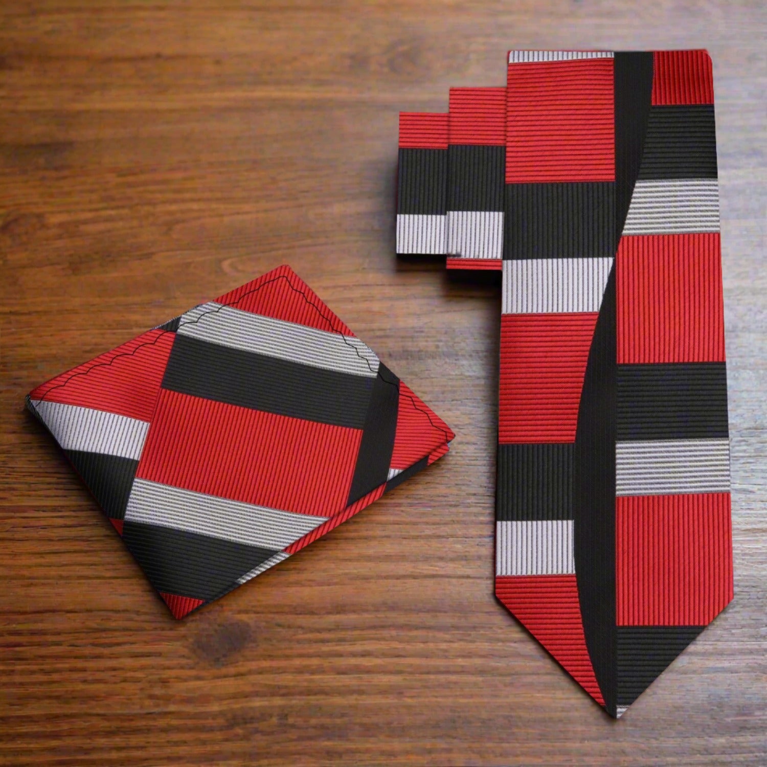 Red, Black Geometric/Abstract Tie and Pocket Square