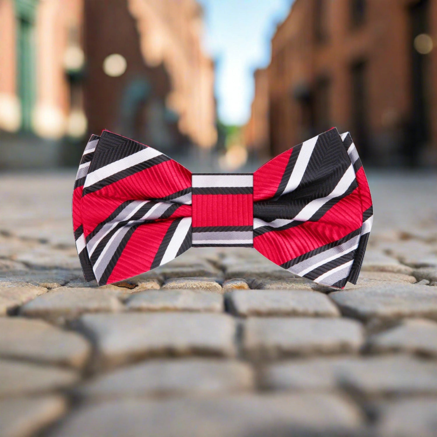 Red, Black, White Stripe Bow Tie  