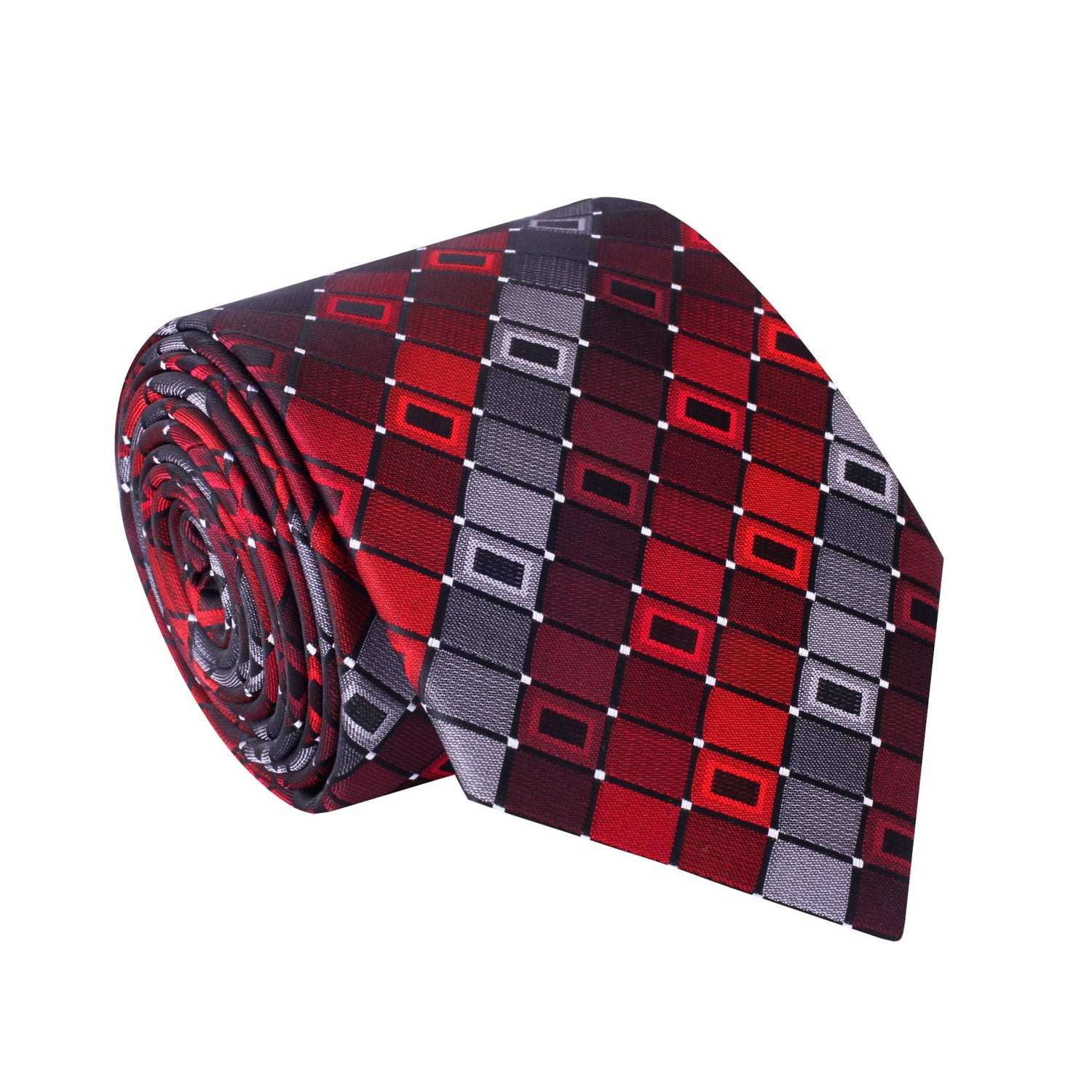 A Red, Grey Geometric Pattern Silk Necktie 