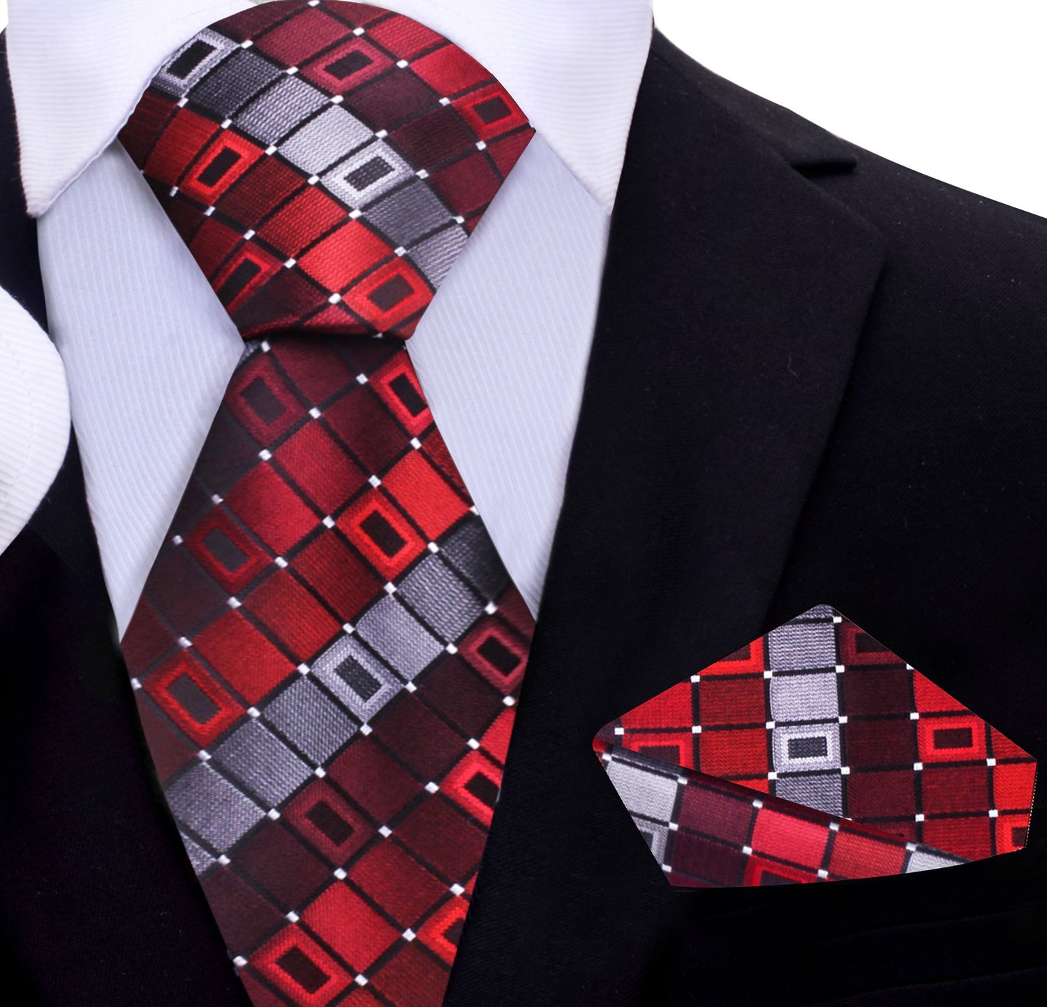 A Red, Grey Geometric Pattern Silk Necktie, Matching Pocket Square