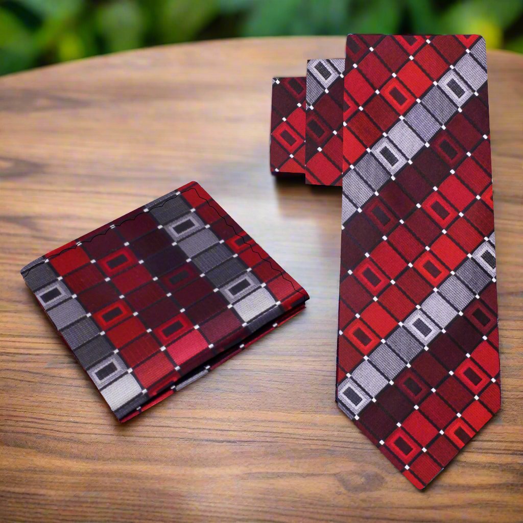 Alt View: A Red, Grey Geometric Pattern Silk Necktie, Matching Pocket Square