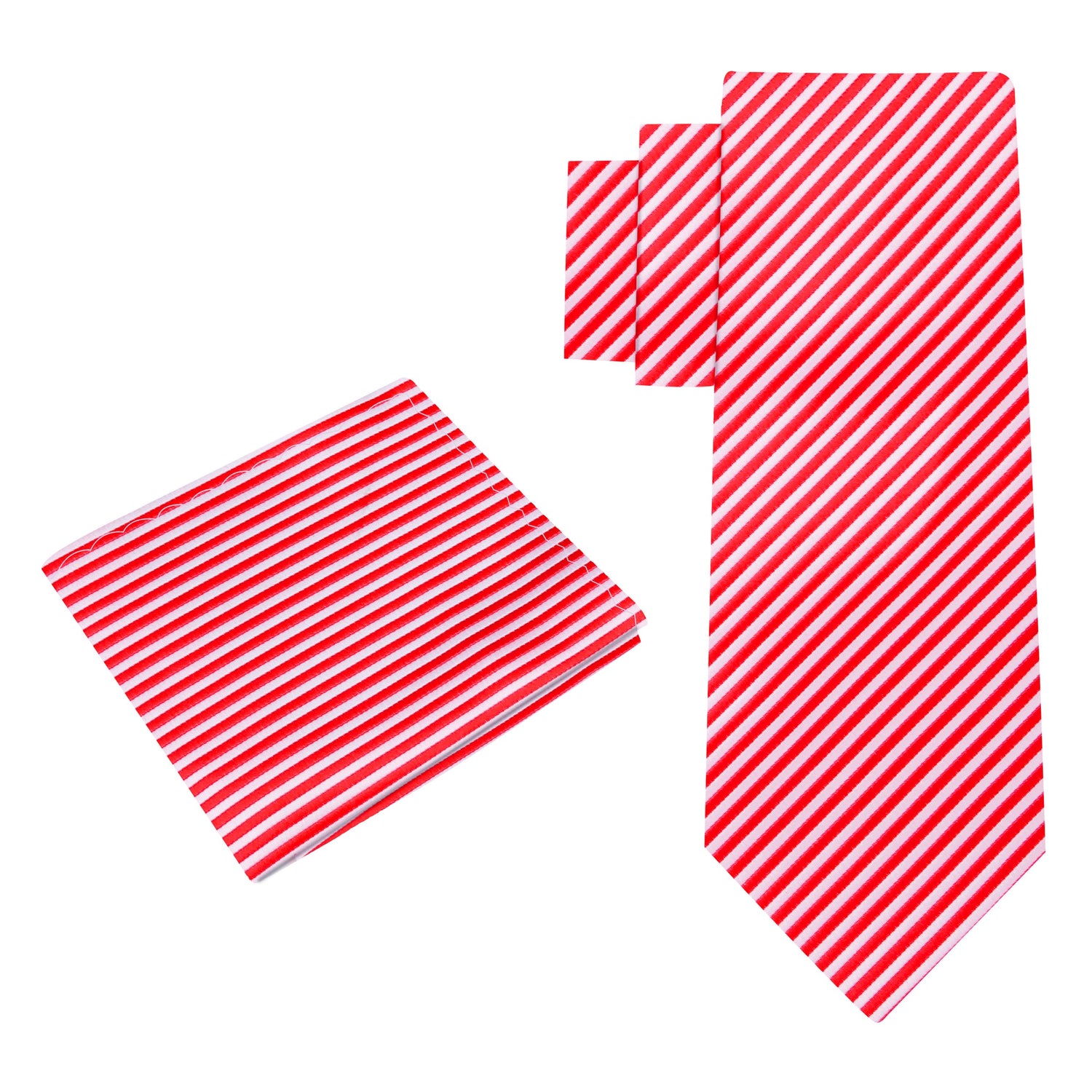 Alt View: A Red, White Pinstripe Pattern Silk Necktie, Matching Pocket Square