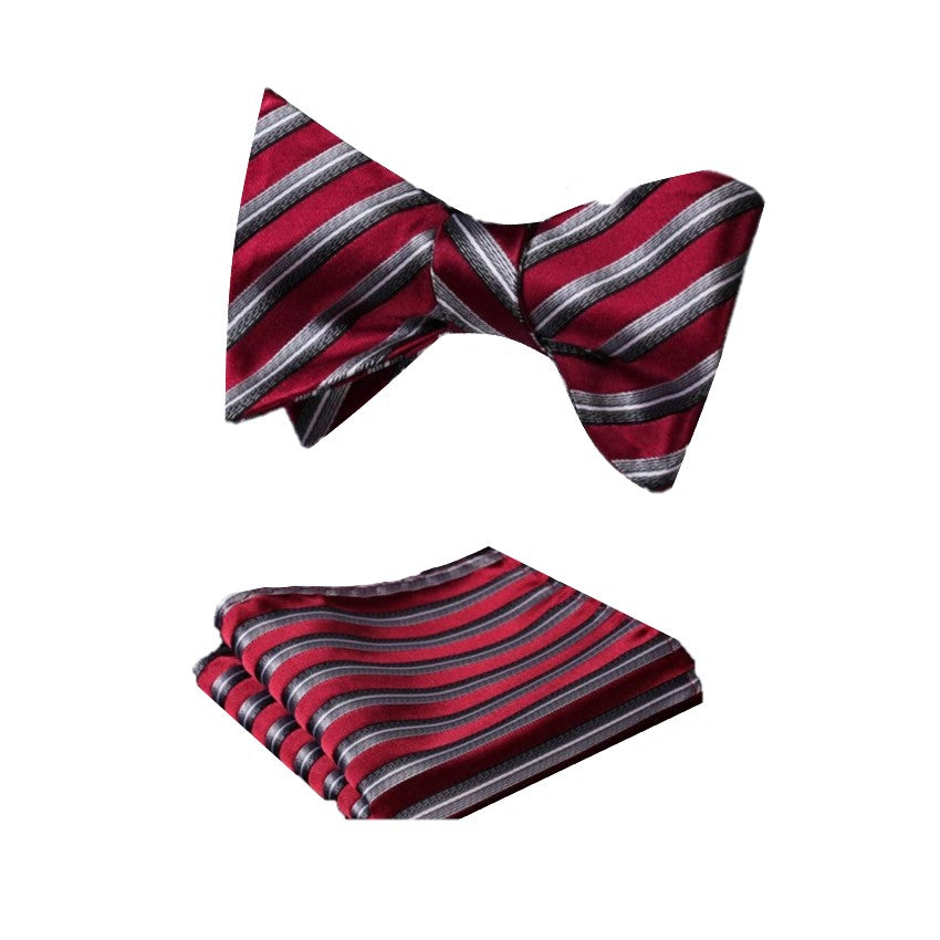 A Deep Red, Silver Stripe Pattern Silk Self Tie Bow Tie, Matching Pocket Square