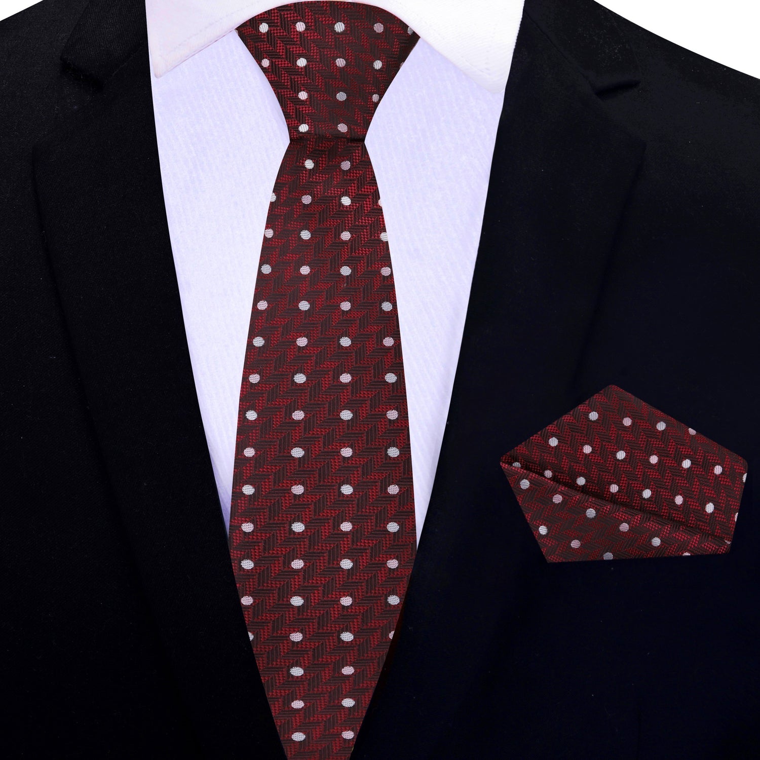Thin Tie 2: Deep Red Herringbone with Dots Silk Necktie and Matching Square