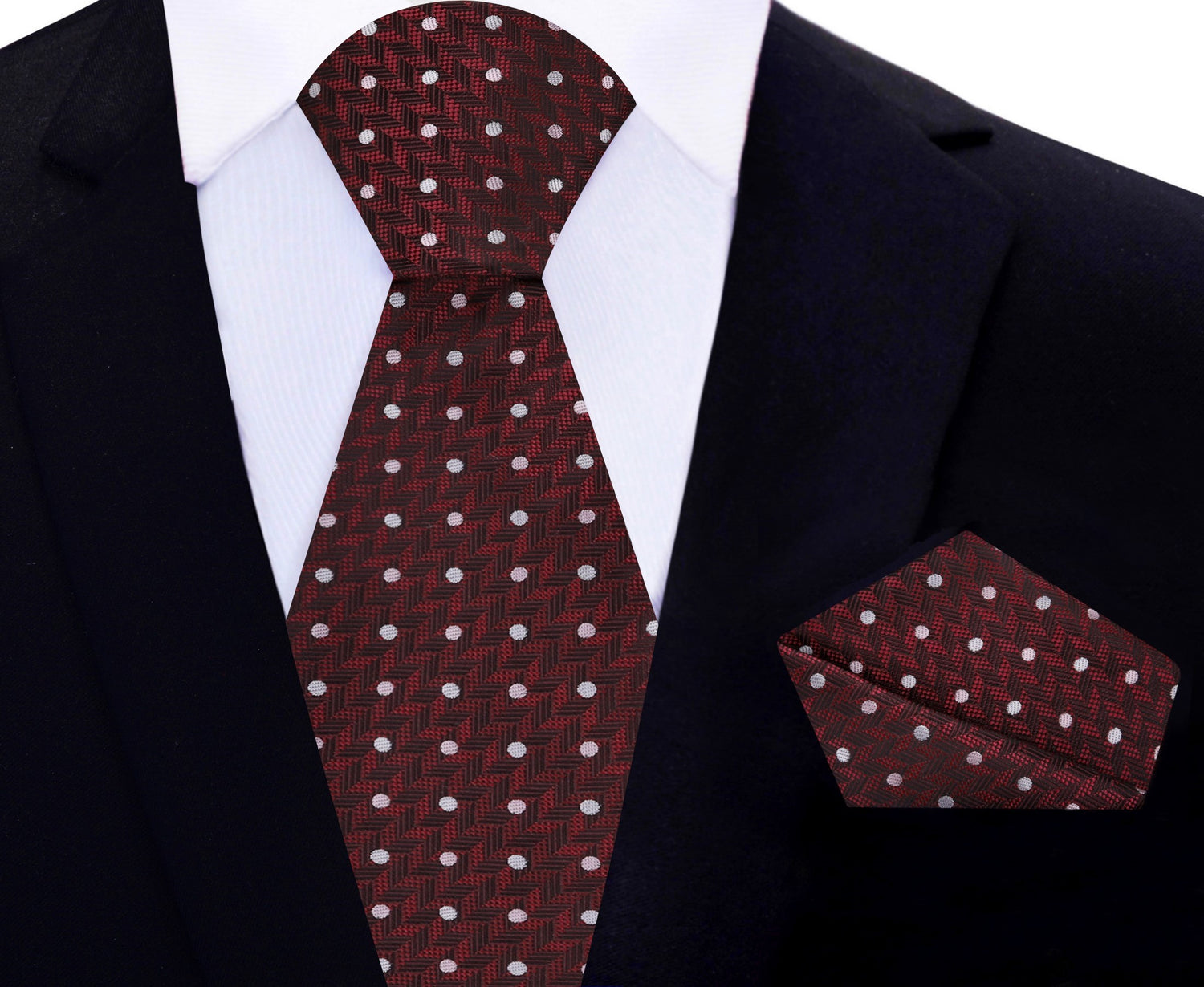 Deep Red Herringbone with Dots Silk Necktie and Matching Square