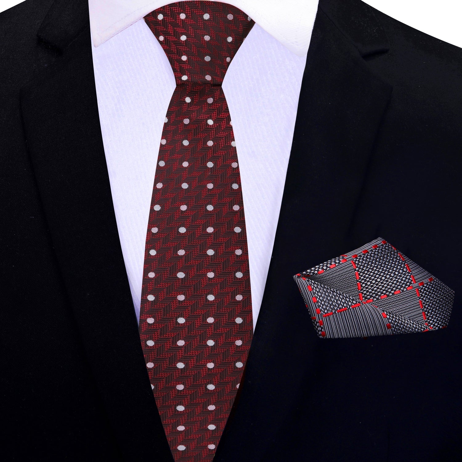 Thin Tie: Deep Red Herringbone with Dots Silk Necktie and Accenting Grey, Black Red Geometric Square