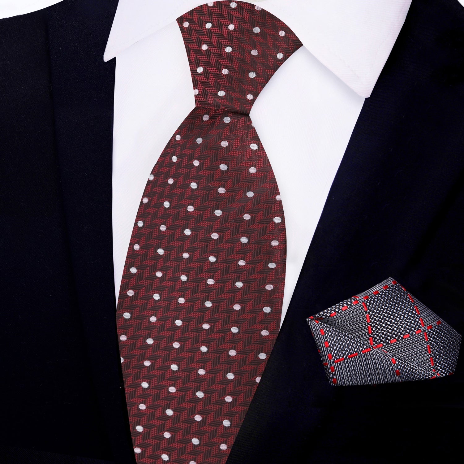 View 2: Deep Red Herringbone with Dots Silk Necktie and Accenting Grey, Black Red Geometric Square