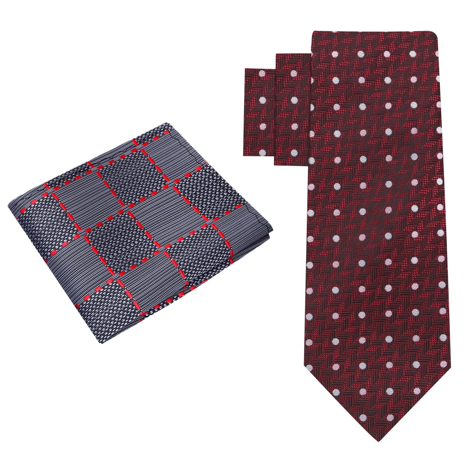 Alt View: Deep Red Herringbone with Dots Silk Necktie and Accenting Grey, Black Red Geometric Square