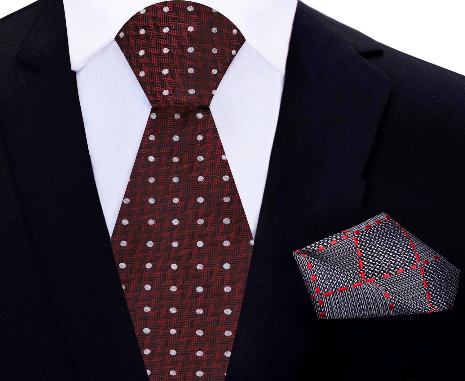 Deep Red Herringbone with Dots Silk Necktie and Accenting Grey, Black Red Geometric Square