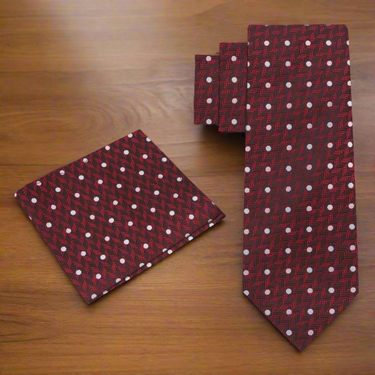 Alt View: Deep Red Herringbone with Dots Silk Necktie and Matching Square