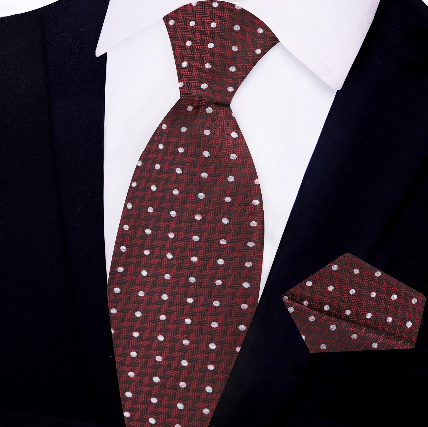 View 2: Deep Red Herringbone with Dots Silk Necktie and Matching Square