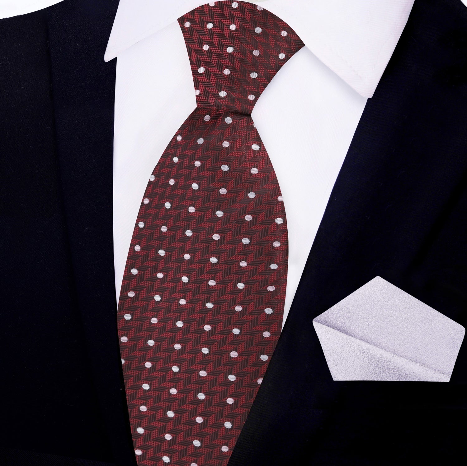View 2: Deep Red Herringbone with Dots Silk Necktie and Accenting Silver Square