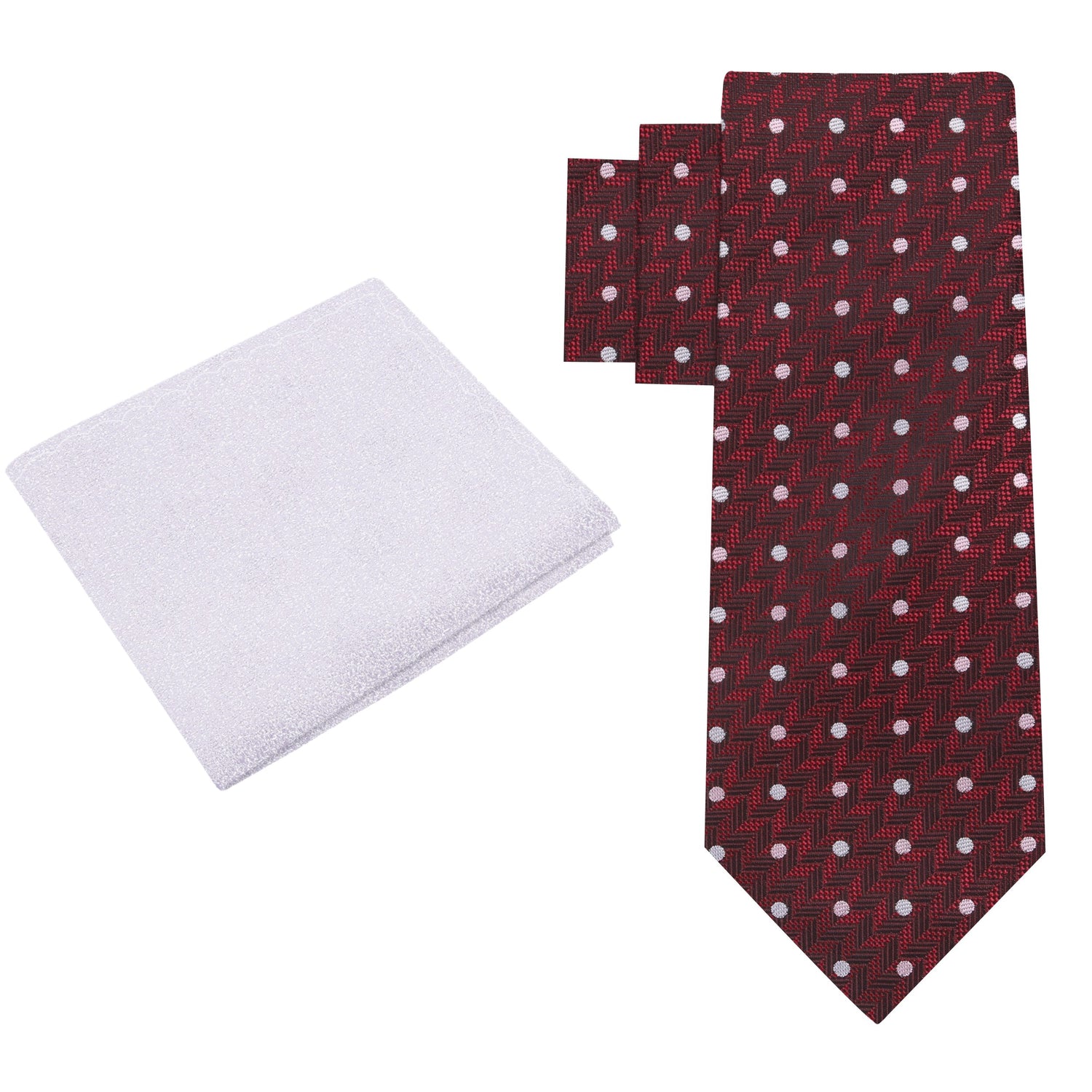 Alt View: Deep Red Herringbone with Dots Silk Necktie and Accenting Silver Square