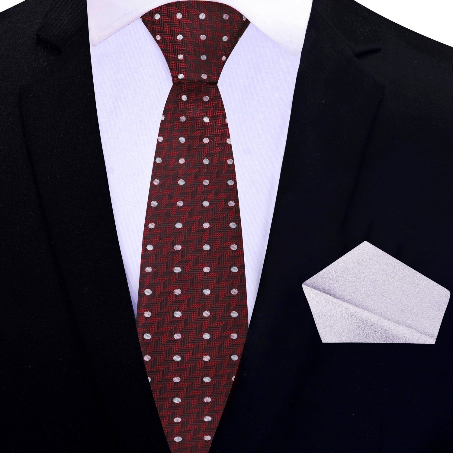 Thin Tie: Deep Red Herringbone with Dots Silk Necktie and Accenting Silver Square