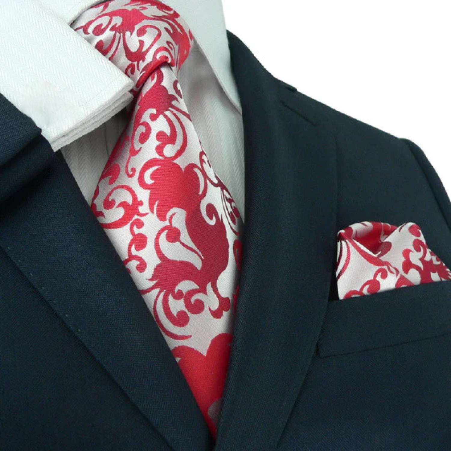 A Light Red, Red Vine Floral Pattern Silk Necktie, Matching Pocket Square
